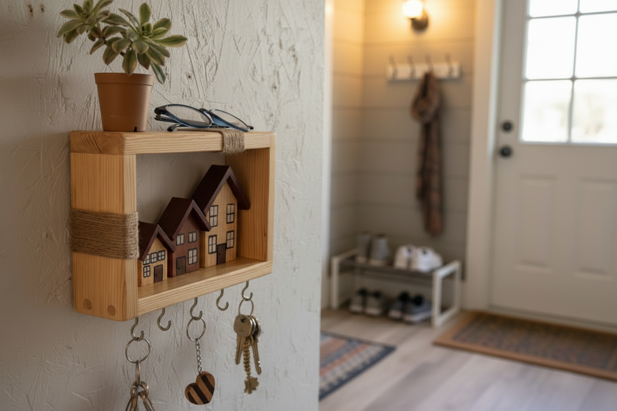 Masif Ahşap Duvar Rafı ve Anahtarlık