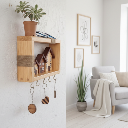 Masif Ahşap Duvar Rafı ve Anahtarlık